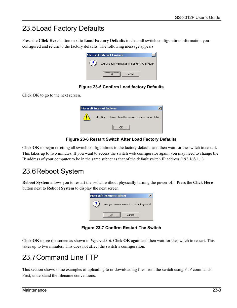 5 load factory defaults, 6 reboot system, 7 command line ftp | ZyXEL Communications ZyXEL Dimension GS-3012F User Manual | Page 157 / 237