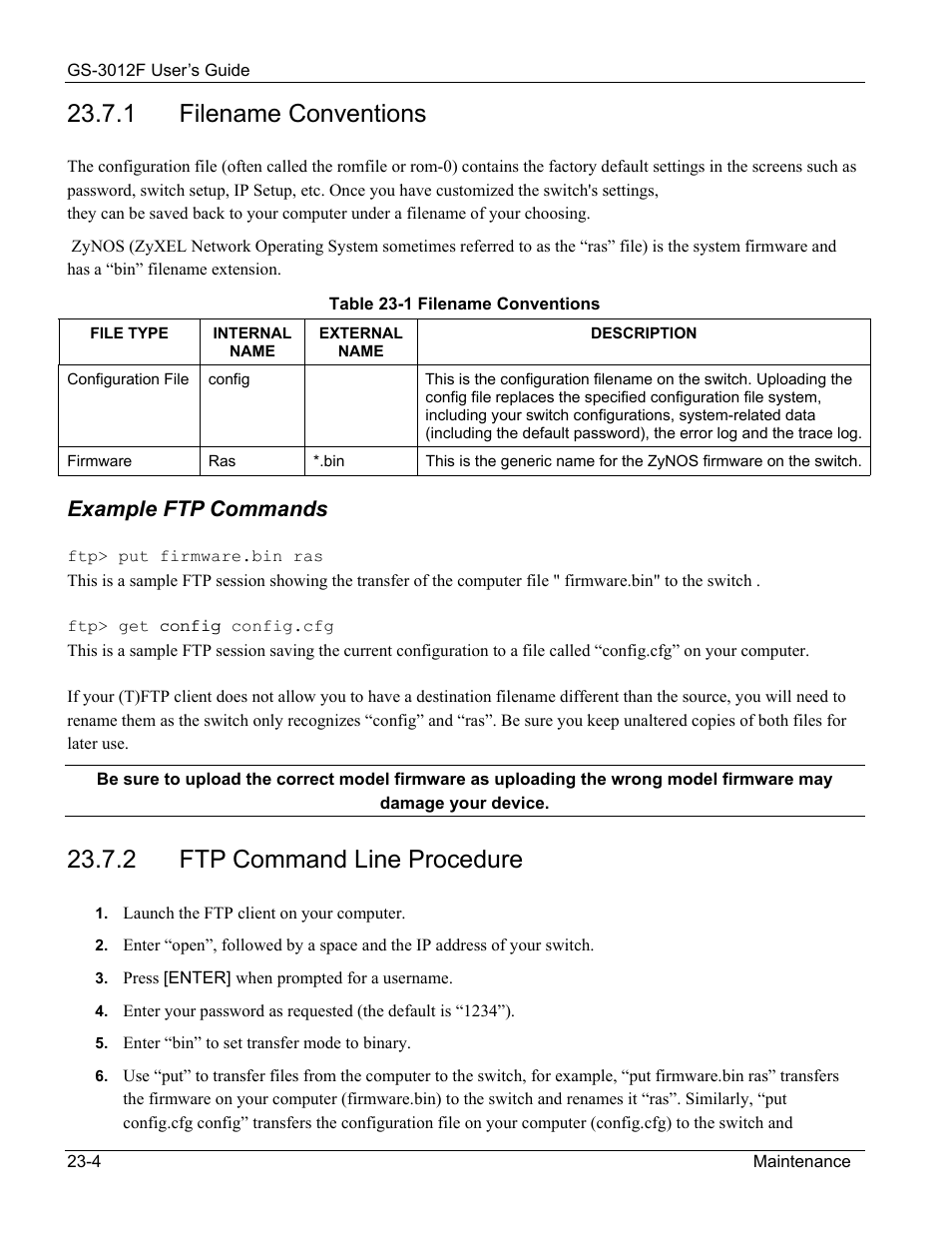 Filename conventions, Ftp command line procedure, 1 filename conventions | 2 ftp command line procedure, Example ftp commands | ZyXEL Communications ZyXEL Dimension GS-3012F User Manual | Page 158 / 237