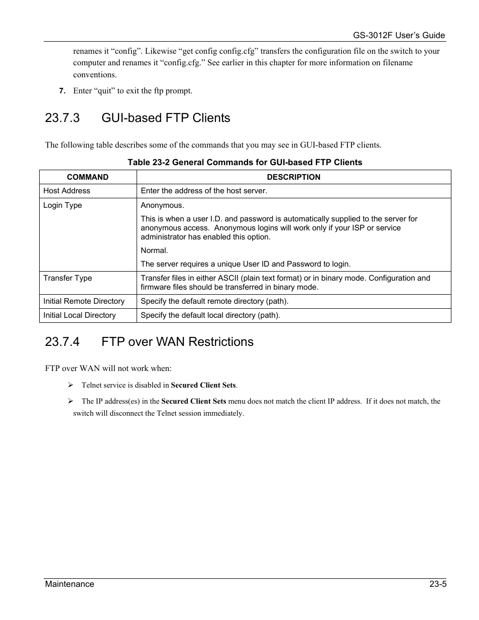 Gui-based ftp clients, Ftp over wan restrictions, 3 gui-based ftp clients | 4 ftp over wan restrictions | ZyXEL Communications ZyXEL Dimension GS-3012F User Manual | Page 159 / 237