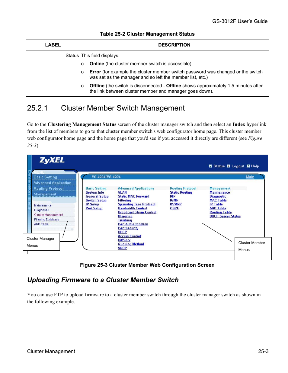 Cluster member switch management, 1 cluster member switch management, Uploading firmware to a cluster member switch | ZyXEL Communications ZyXEL Dimension GS-3012F User Manual | Page 165 / 237