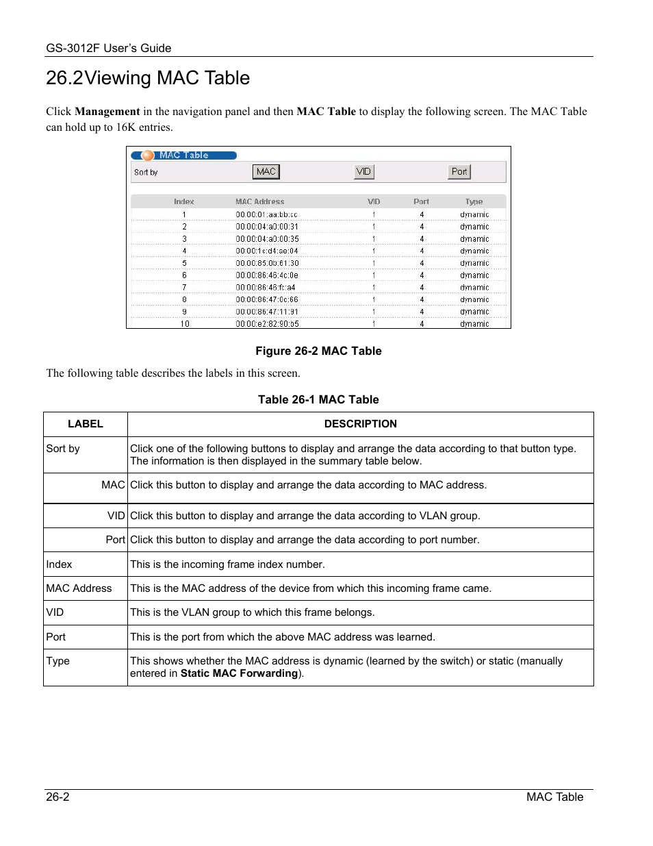 2 viewing mac table | ZyXEL Communications ZyXEL Dimension GS-3012F User Manual | Page 170 / 237