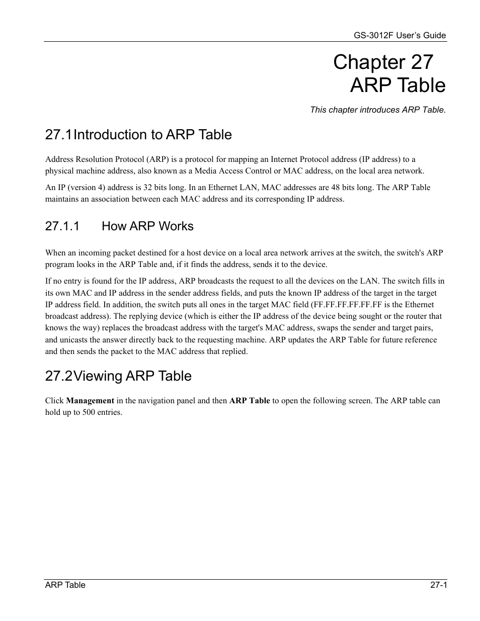 How arp works, Chapter 27 arp table, 1 introduction to arp table | 2 viewing arp table | ZyXEL Communications ZyXEL Dimension GS-3012F User Manual | Page 171 / 237
