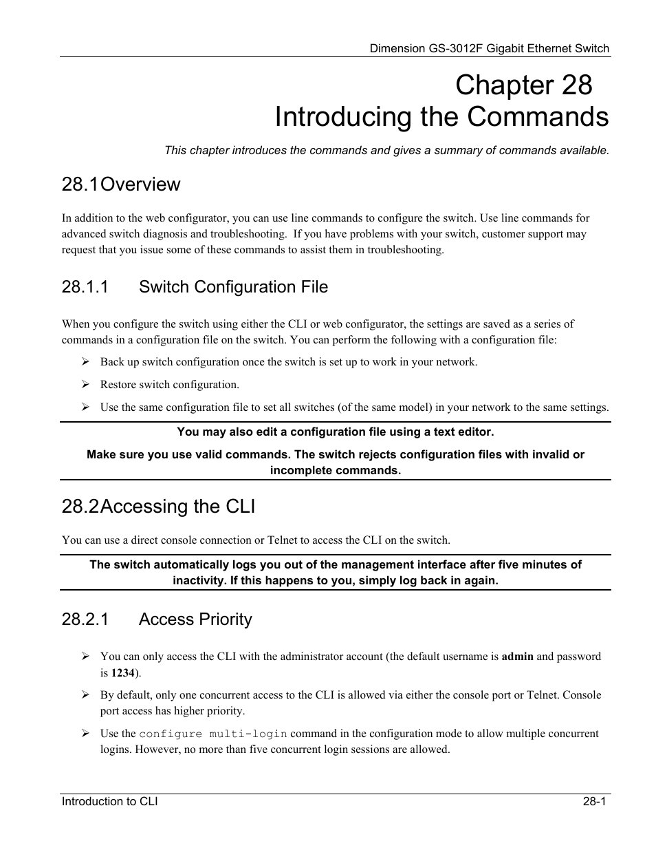 Switch configuration file, Access priority, Chapter 28 introducing the commands | 1 overview, 2 accessing the cli, 1 switch configuration file, 1 access priority | ZyXEL Communications ZyXEL Dimension GS-3012F User Manual | Page 175 / 237