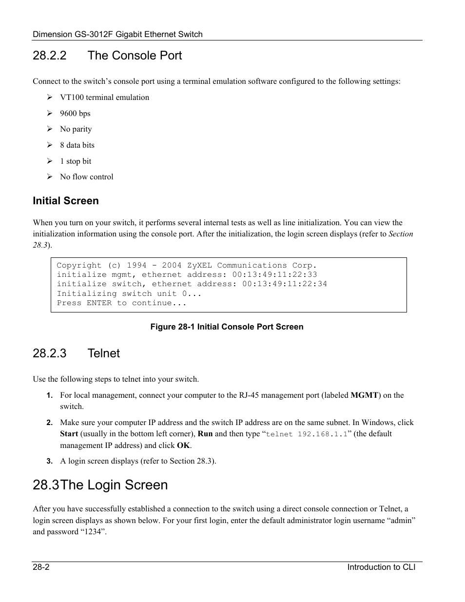 The console port, Telnet, 3 the login screen | 2 the console port, 3 telnet | ZyXEL Communications ZyXEL Dimension GS-3012F User Manual | Page 176 / 237