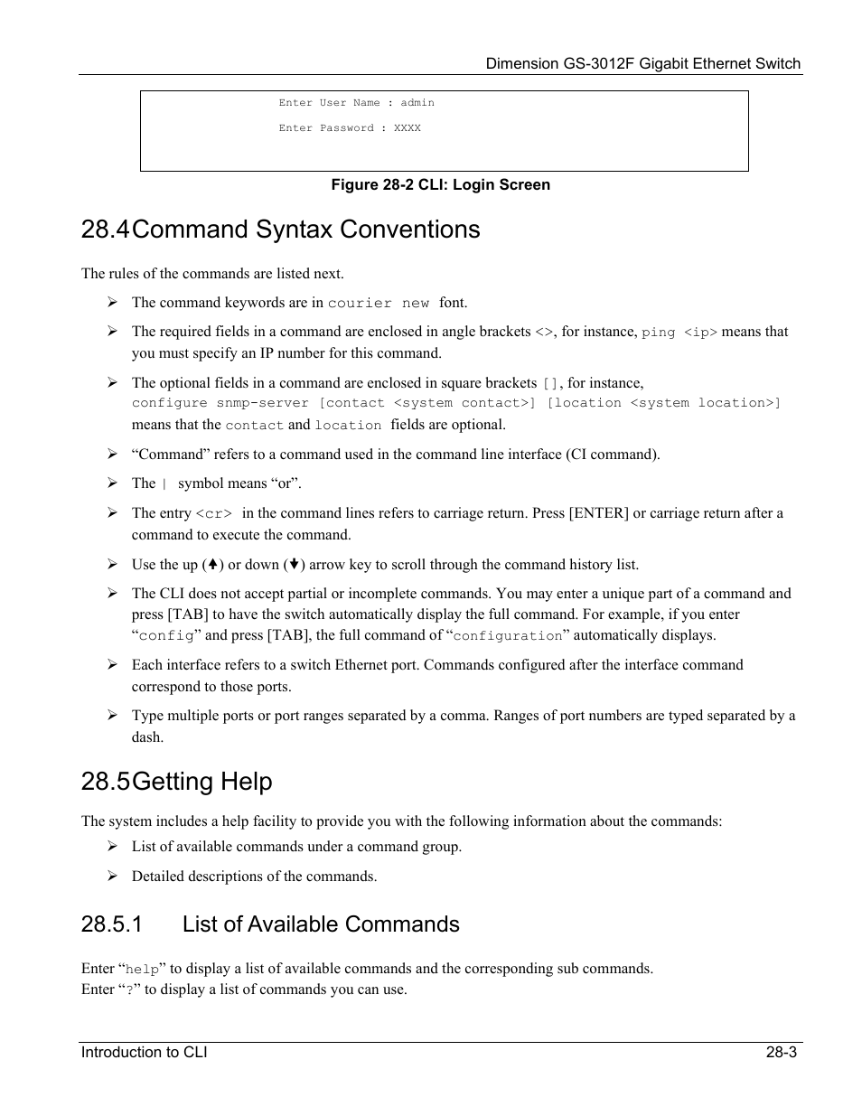 List of available commands, 4 command syntax conventions, 5 getting help | 1 list of available commands | ZyXEL Communications ZyXEL Dimension GS-3012F User Manual | Page 177 / 237