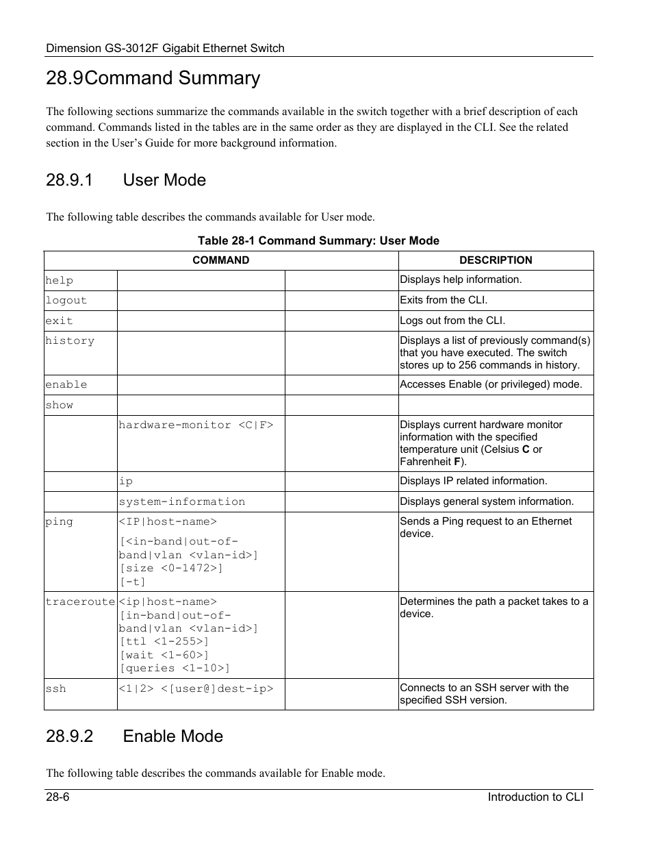 User mode, Enable mode, 9 command summary | 1 user mode, 2 enable mode | ZyXEL Communications ZyXEL Dimension GS-3012F User Manual | Page 180 / 237