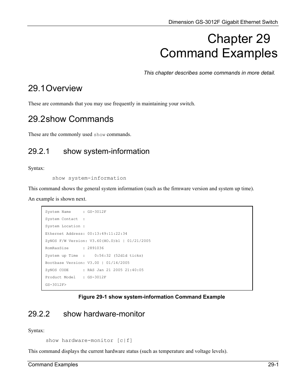 Show system-information, Show hardware-monitor, Chapter 29 command examples | 1 overview, 2 show commands, 1 show system-information, 2 show hardware-monitor | ZyXEL Communications ZyXEL Dimension GS-3012F User Manual | Page 199 / 237