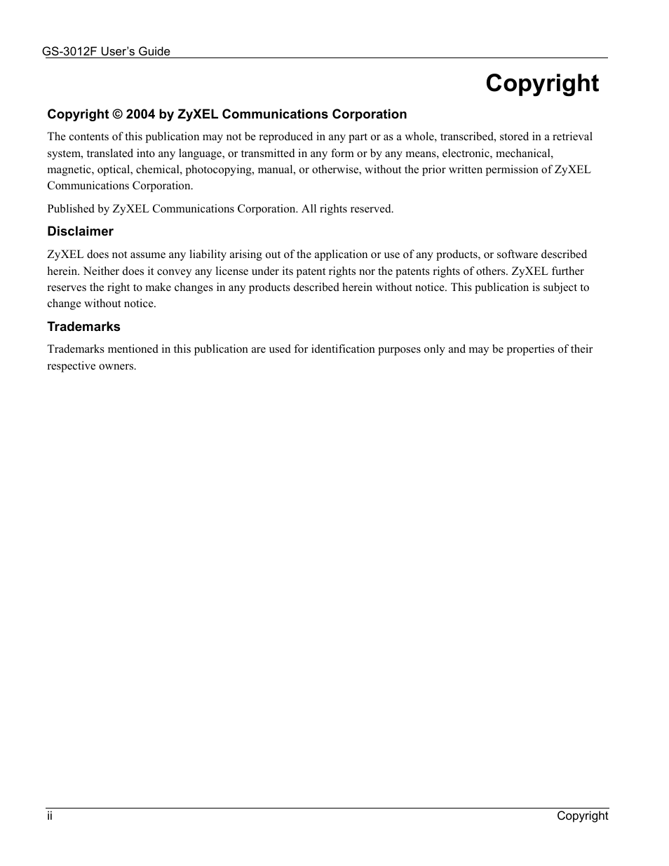Copyright | ZyXEL Communications ZyXEL Dimension GS-3012F User Manual | Page 2 / 237