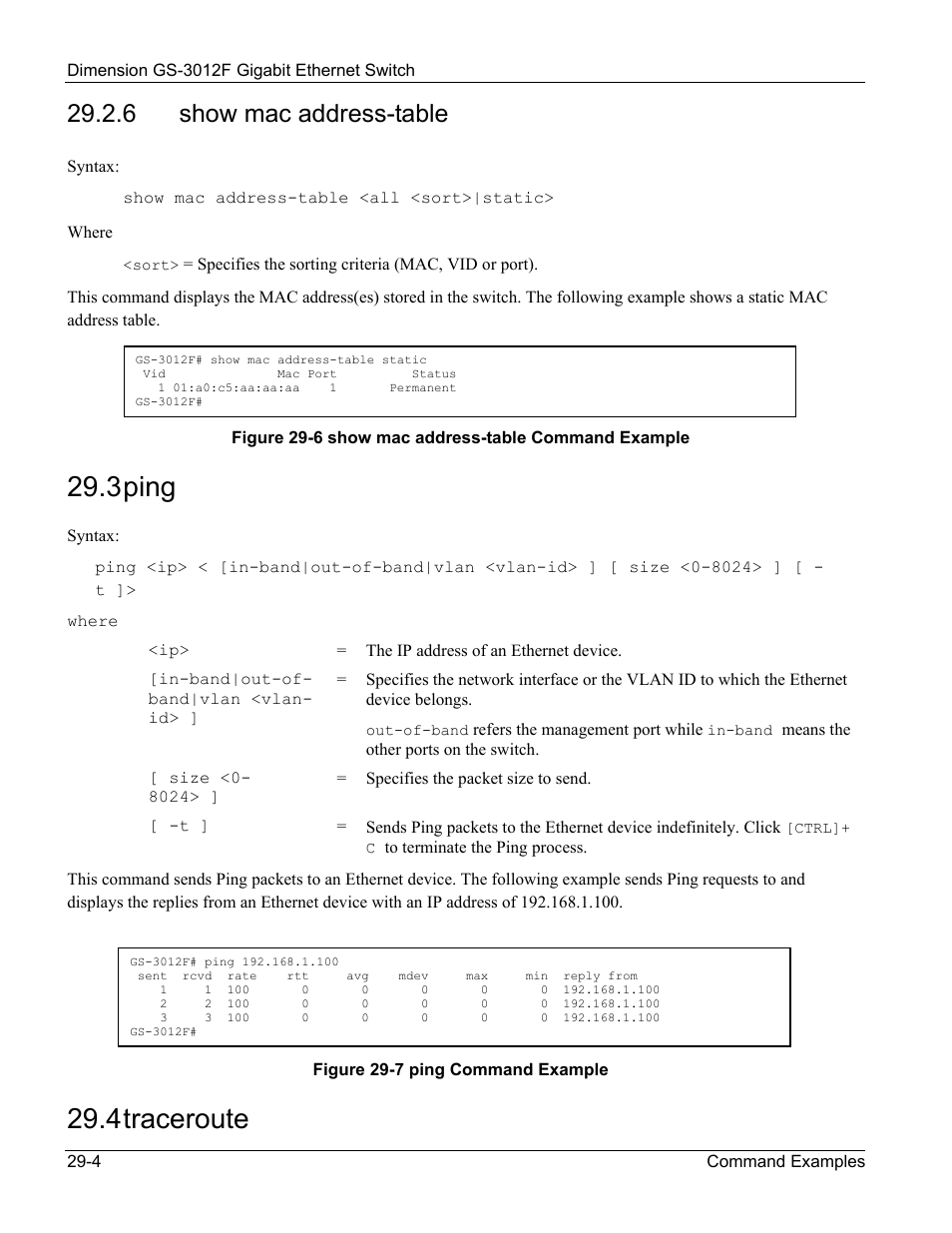 Show mac address-table, 3 ping, 4 traceroute | 6 show mac address-table | ZyXEL Communications ZyXEL Dimension GS-3012F User Manual | Page 202 / 237