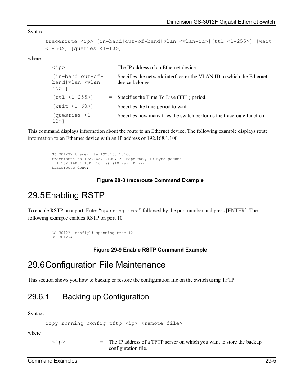 Backing up configuration, 5 enabling rstp, 6 configuration file maintenance | 1 backing up configuration | ZyXEL Communications ZyXEL Dimension GS-3012F User Manual | Page 203 / 237