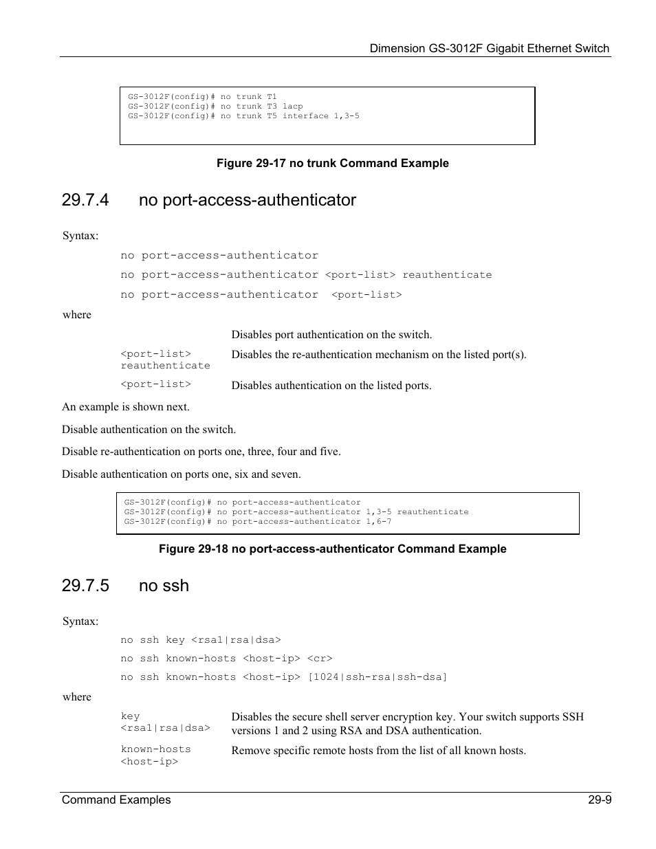 No port-access-authenticator, No ssh, 4 no port-access-authenticator | 5 no ssh | ZyXEL Communications ZyXEL Dimension GS-3012F User Manual | Page 207 / 237