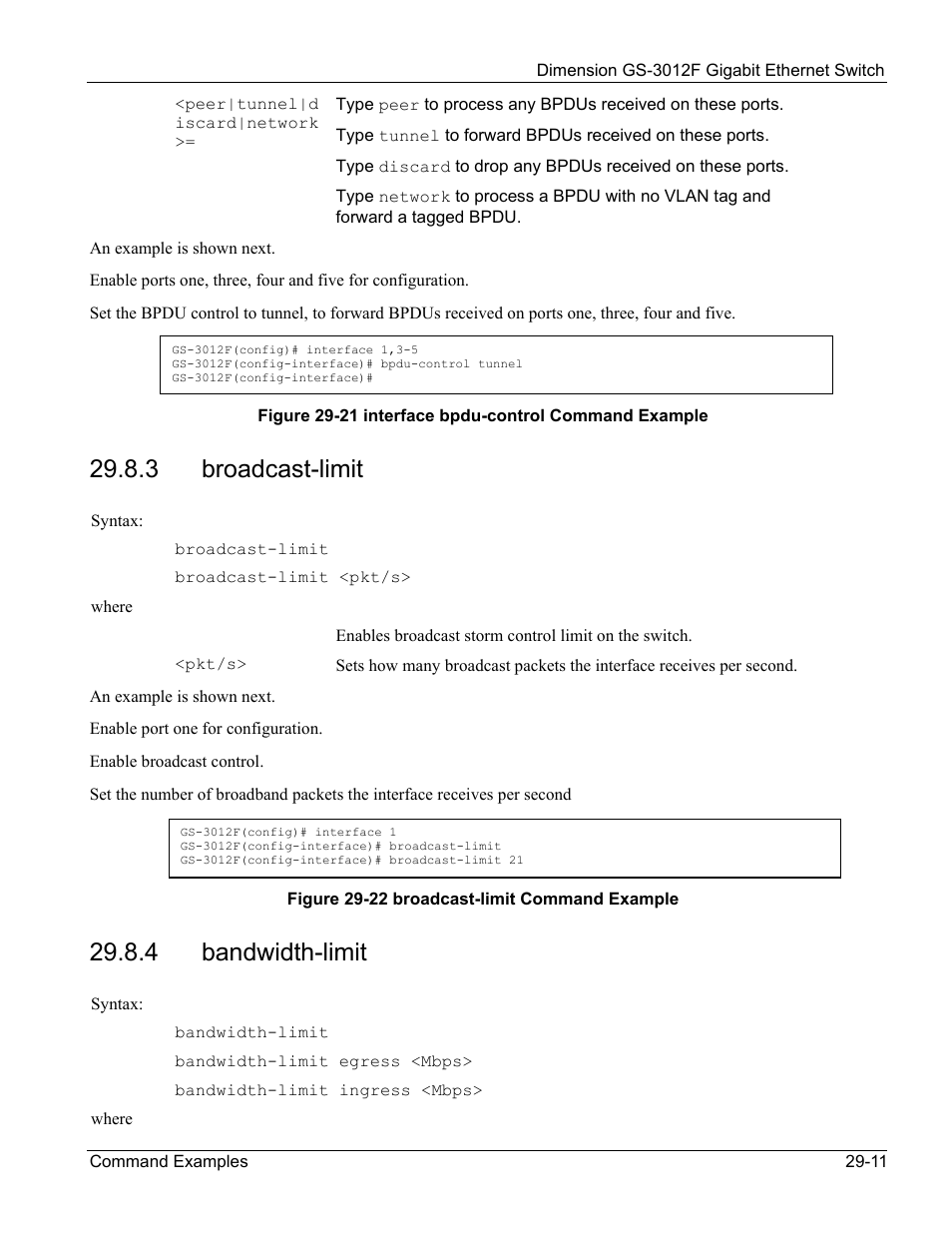Broadcast-limit, Bandwidth-limit, 3 broadcast-limit | 4 bandwidth-limit | ZyXEL Communications ZyXEL Dimension GS-3012F User Manual | Page 209 / 237