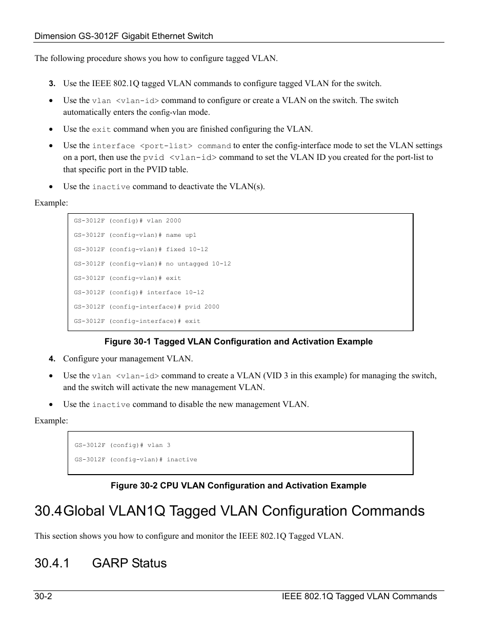 Garp status, 4 global vlan1q tagged vlan configuration commands, 1 garp status | ZyXEL Communications ZyXEL Dimension GS-3012F User Manual | Page 218 / 237
