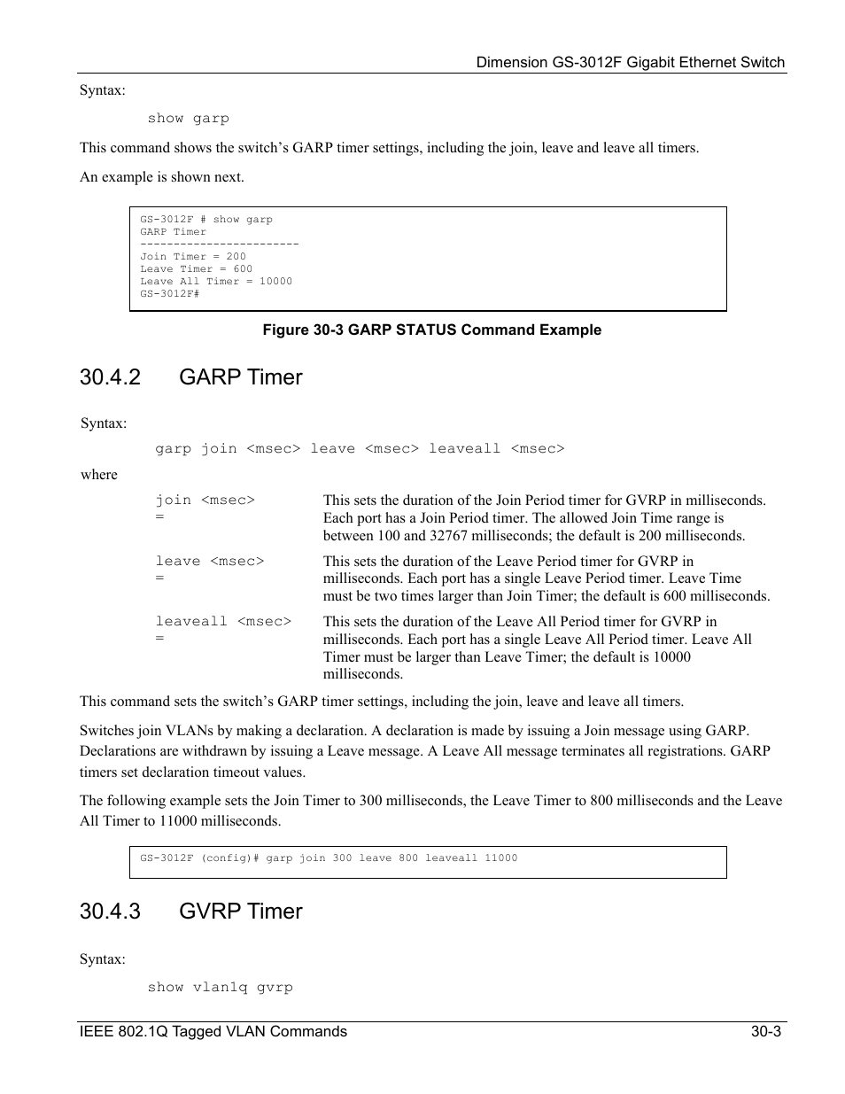 Garp timer, Gvrp timer, 2 garp timer | 3 gvrp timer | ZyXEL Communications ZyXEL Dimension GS-3012F User Manual | Page 219 / 237