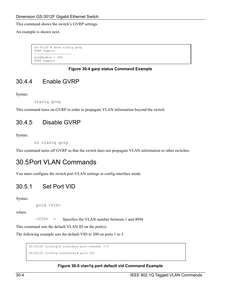 Enable gvrp, Disable gvrp, Set port vid | 5 port vlan commands, 4 enable gvrp, 5 disable gvrp, 1 set port vid | ZyXEL Communications ZyXEL Dimension GS-3012F User Manual | Page 220 / 237