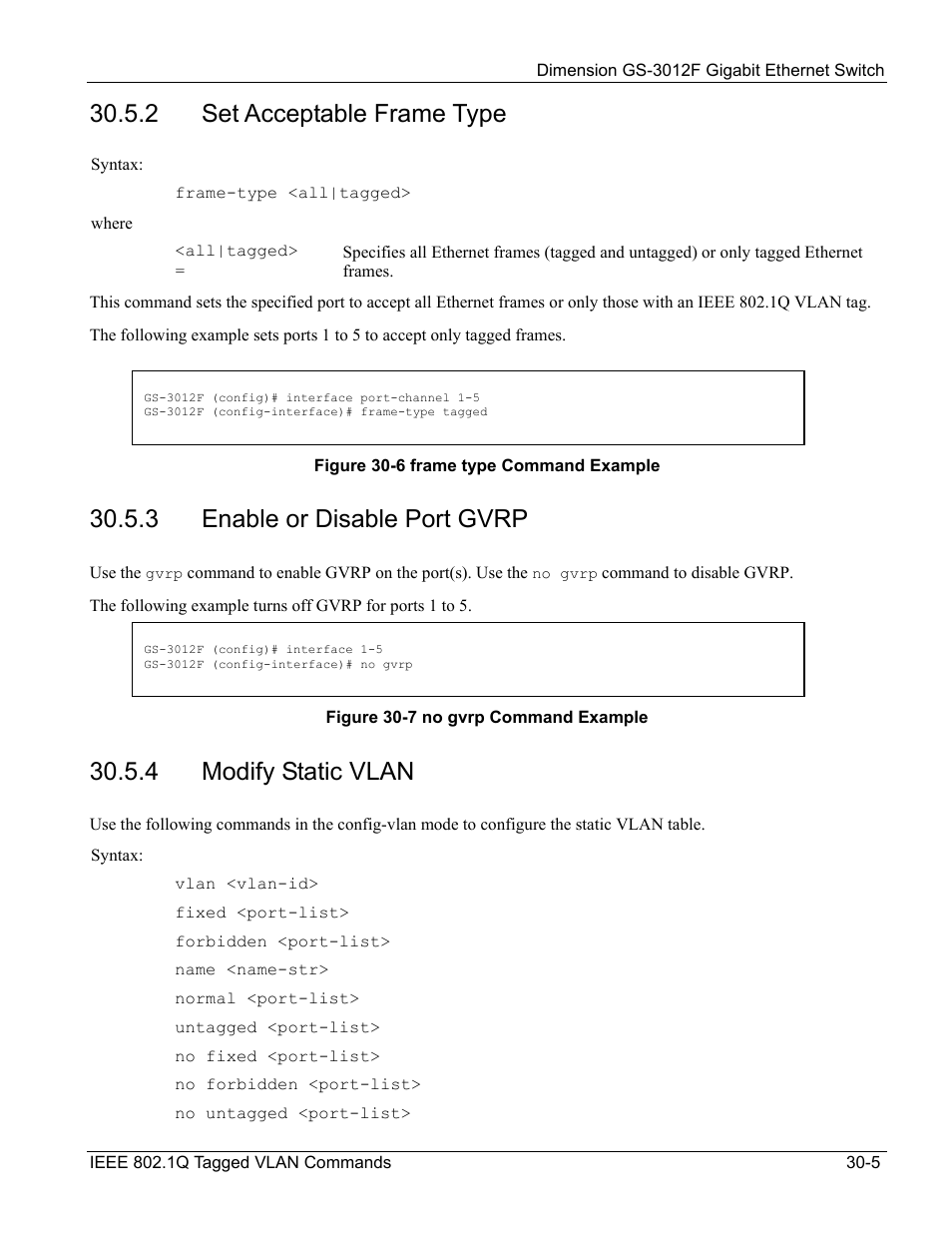 Set acceptable frame type, Enable or disable port gvrp, Modify static vlan | 2 set acceptable frame type, 3 enable or disable port gvrp, 4 modify static vlan | ZyXEL Communications ZyXEL Dimension GS-3012F User Manual | Page 221 / 237
