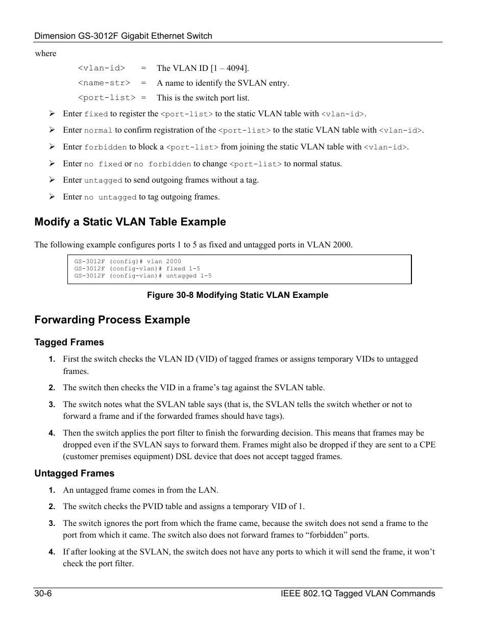 Modify a static vlan table example, Forwarding process example | ZyXEL Communications ZyXEL Dimension GS-3012F User Manual | Page 222 / 237