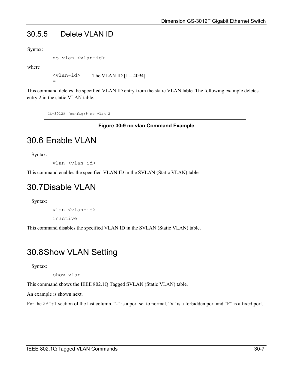 Delete vlan id, 6 enable vlan, 7 disable vlan | 8 show vlan setting, 5 delete vlan id | ZyXEL Communications ZyXEL Dimension GS-3012F User Manual | Page 223 / 237