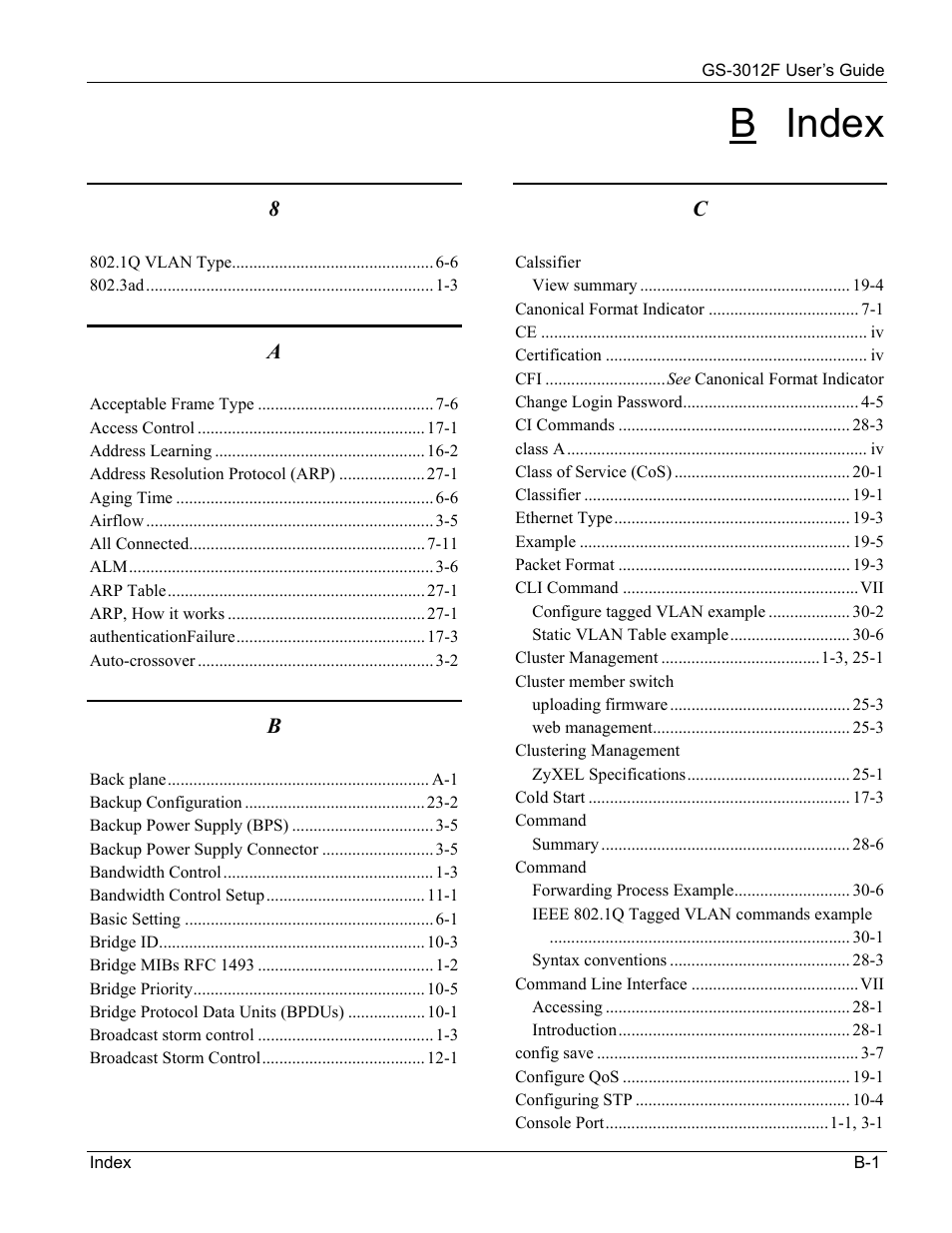 B index | ZyXEL Communications ZyXEL Dimension GS-3012F User Manual | Page 231 / 237