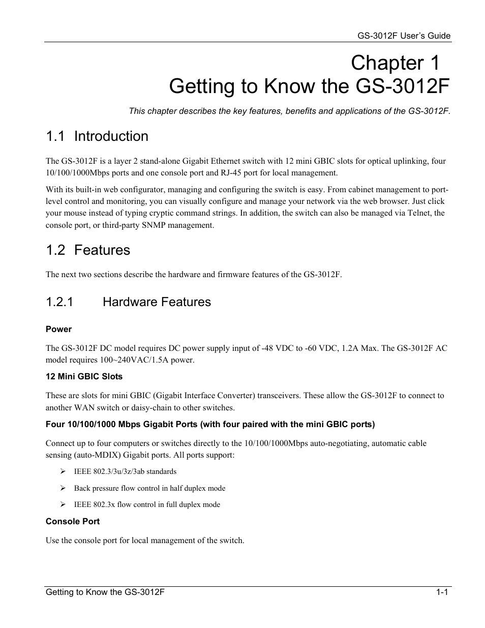 Hardware features, 1 introduction, 2 features | 1 hardware features | ZyXEL Communications ZyXEL Dimension GS-3012F User Manual | Page 25 / 237