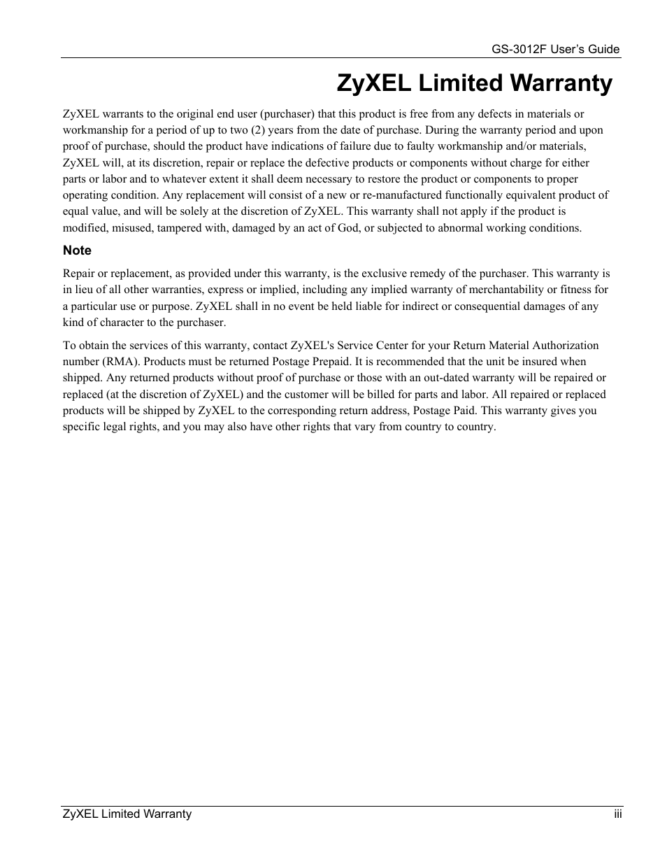 Zyxel limited warranty | ZyXEL Communications ZyXEL Dimension GS-3012F User Manual | Page 3 / 237