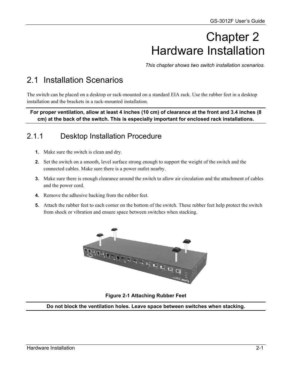 Desktop installation procedure, Chapter 2 hardware installation, 1 installation scenarios | 1 desktop installation procedure | ZyXEL Communications ZyXEL Dimension GS-3012F User Manual | Page 35 / 237