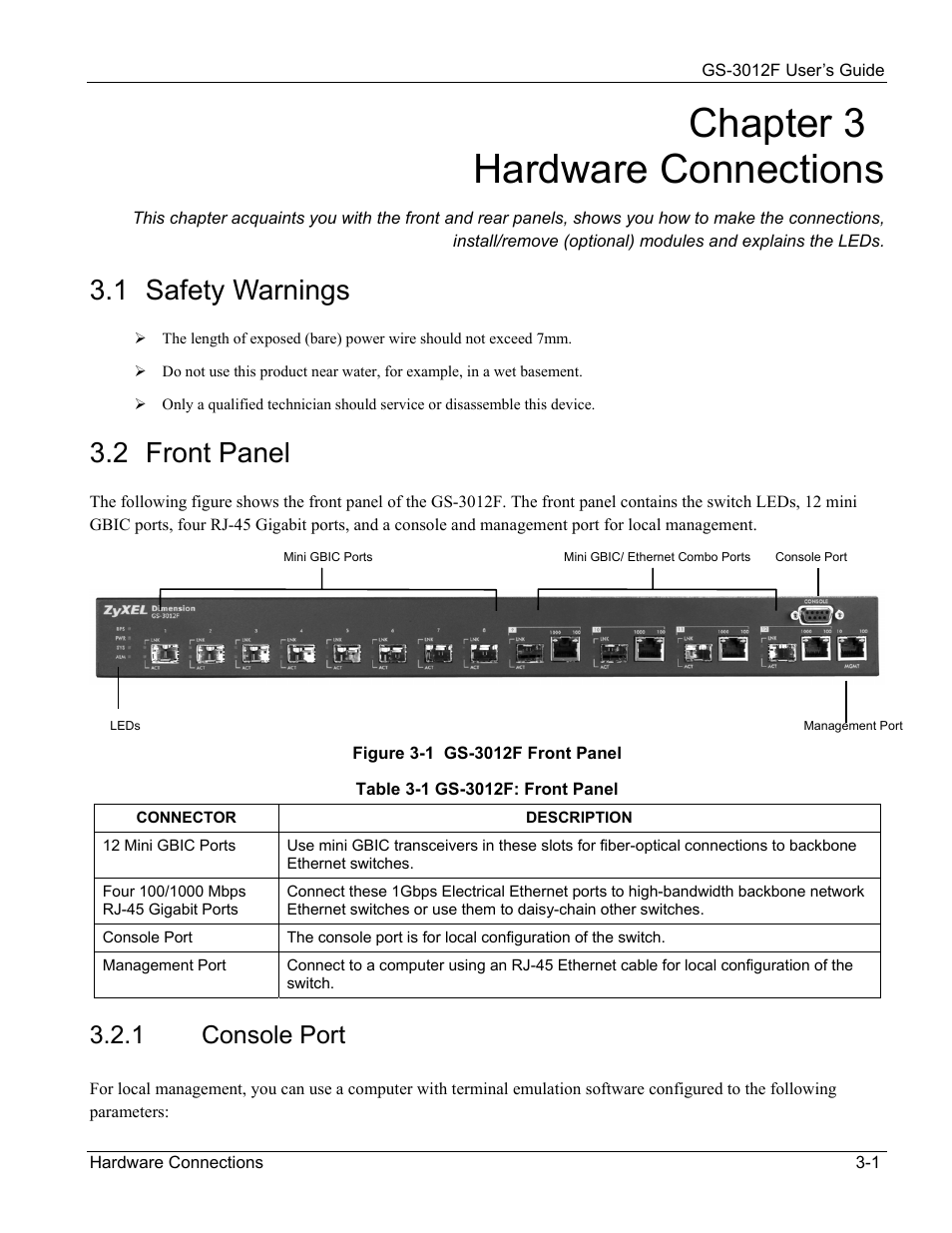 Console port, Chapter 3 hardware connections, 1 safety warnings | 2 front panel, 1 console port | ZyXEL Communications ZyXEL Dimension GS-3012F User Manual | Page 39 / 237