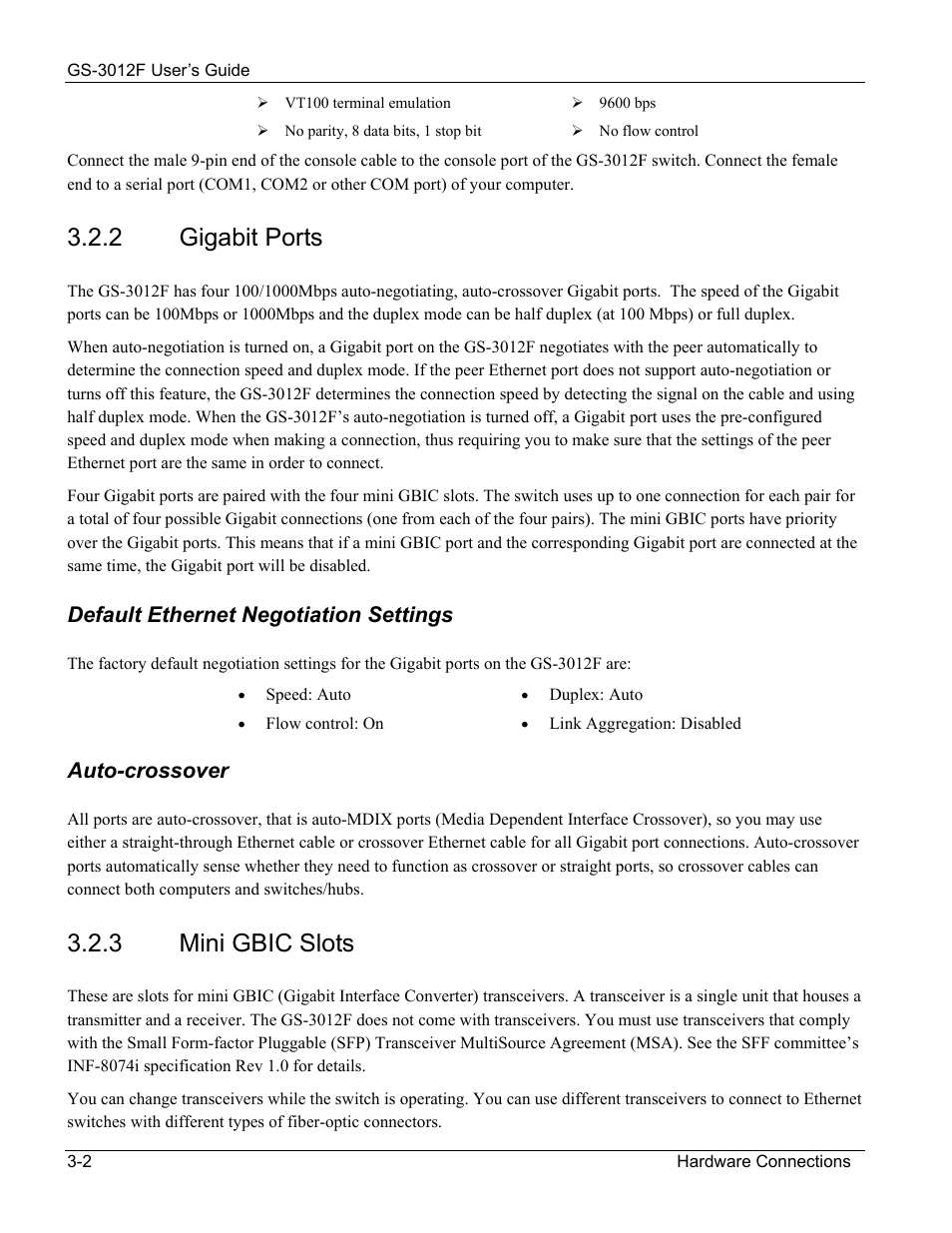 Gigabit ports, Mini gbic slots, 2 gigabit ports | 3 mini gbic slots | ZyXEL Communications ZyXEL Dimension GS-3012F User Manual | Page 40 / 237
