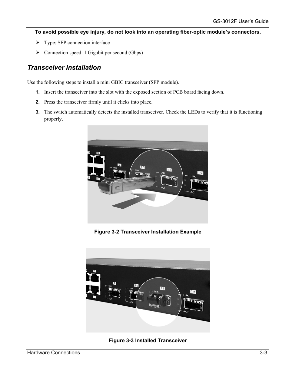 Transceiver installation | ZyXEL Communications ZyXEL Dimension GS-3012F User Manual | Page 41 / 237