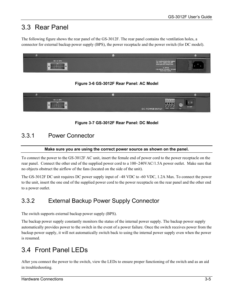 Power connector, External backup power supply connector, 3 rear panel | 4 front panel leds, 1 power connector, 2 external backup power supply connector | ZyXEL Communications ZyXEL Dimension GS-3012F User Manual | Page 43 / 237