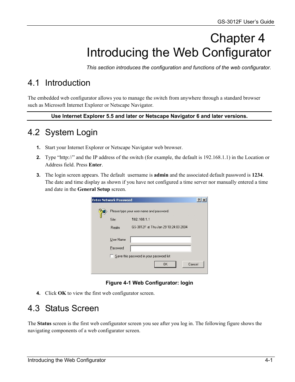 Chapter 4 introducing the web configurator, 1 introduction, 2 system login | 3 status screen | ZyXEL Communications ZyXEL Dimension GS-3012F User Manual | Page 49 / 237