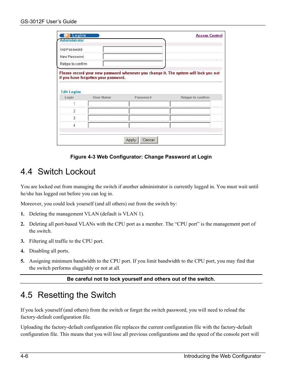 4 switch lockout, 5 resetting the switch | ZyXEL Communications ZyXEL Dimension GS-3012F User Manual | Page 54 / 237