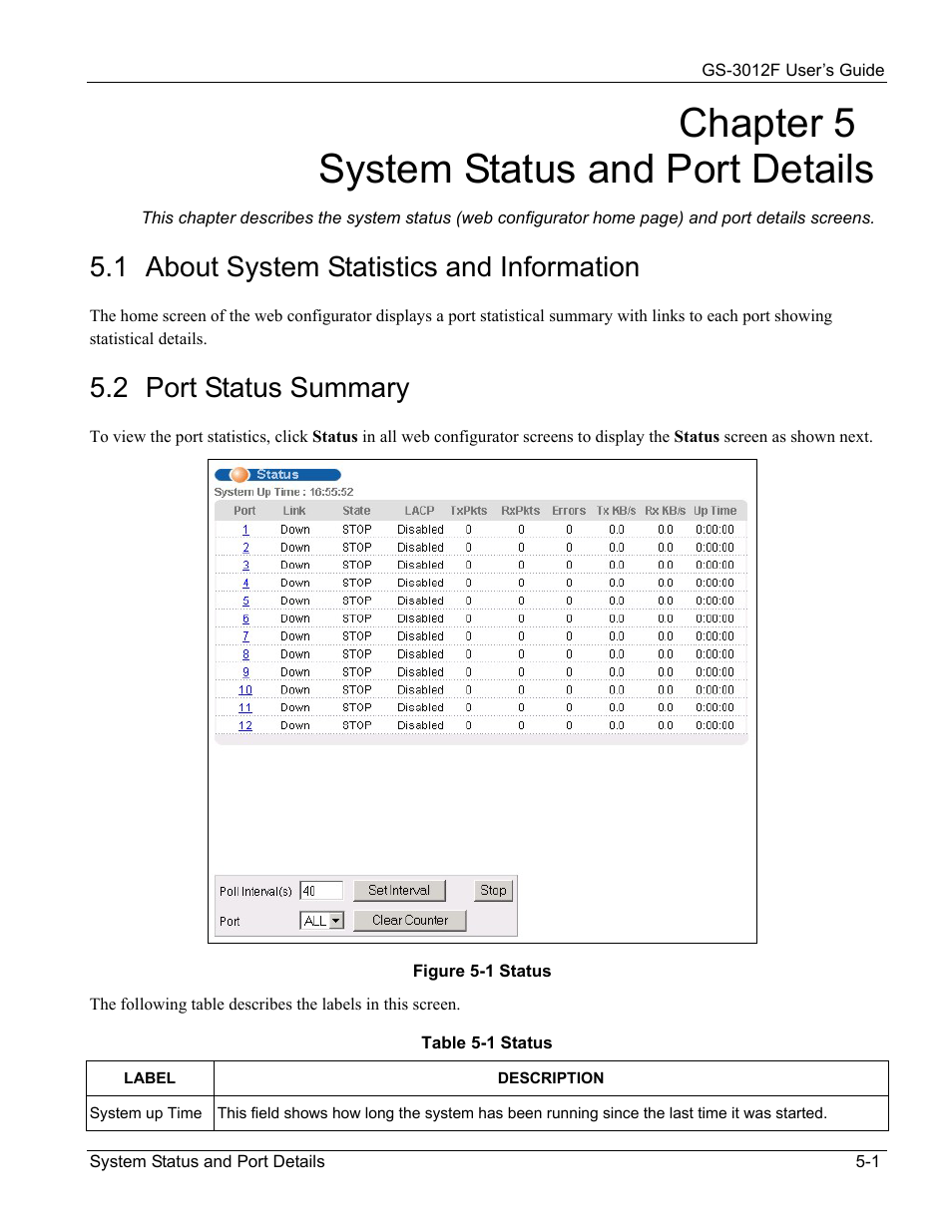 Chapter 5 system status and port details, 1 about system statistics and information, 2 port status summary | ZyXEL Communications ZyXEL Dimension GS-3012F User Manual | Page 57 / 237