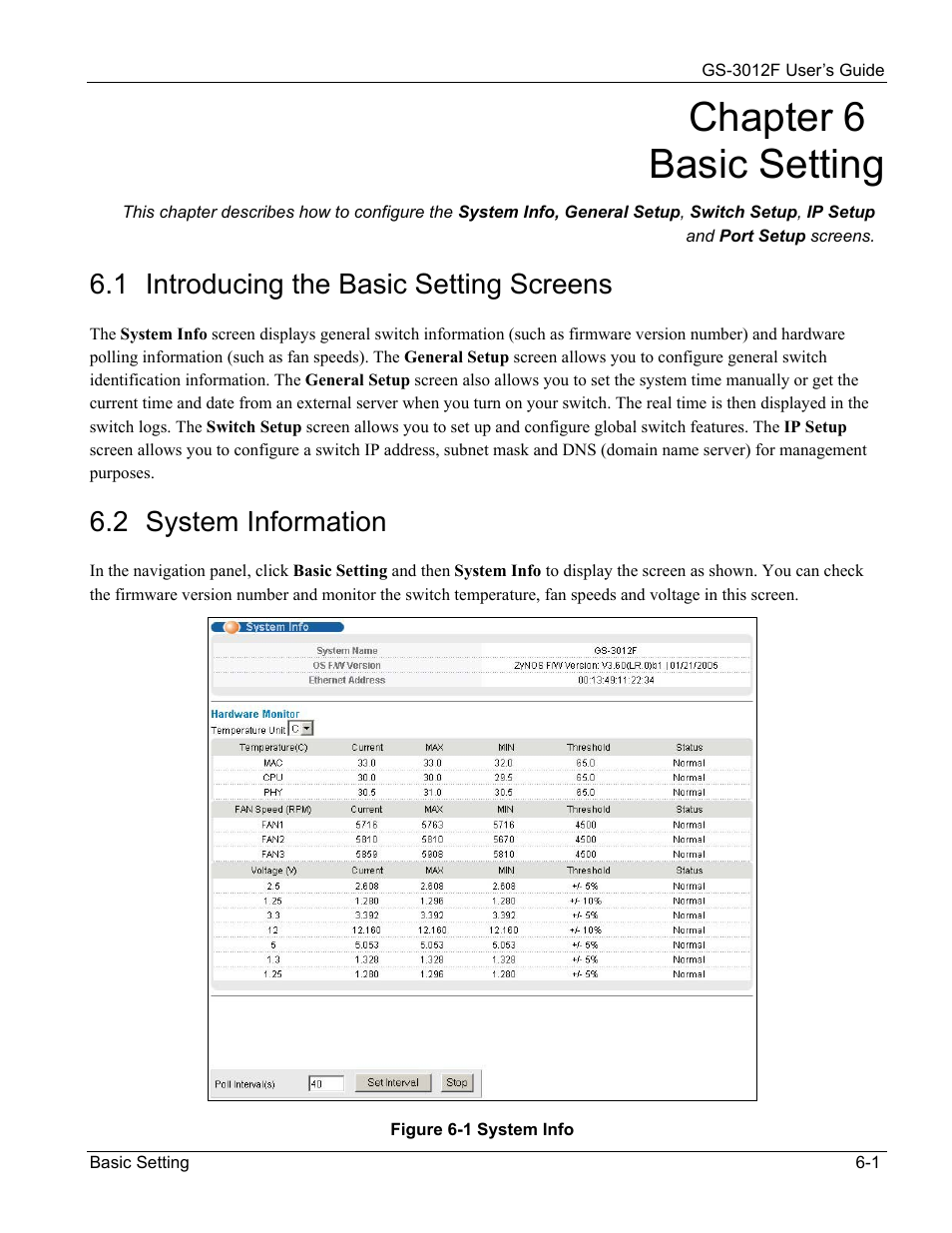 Chapter 6 basic setting, 1 introducing the basic setting screens, 2 system information | ZyXEL Communications ZyXEL Dimension GS-3012F User Manual | Page 63 / 237