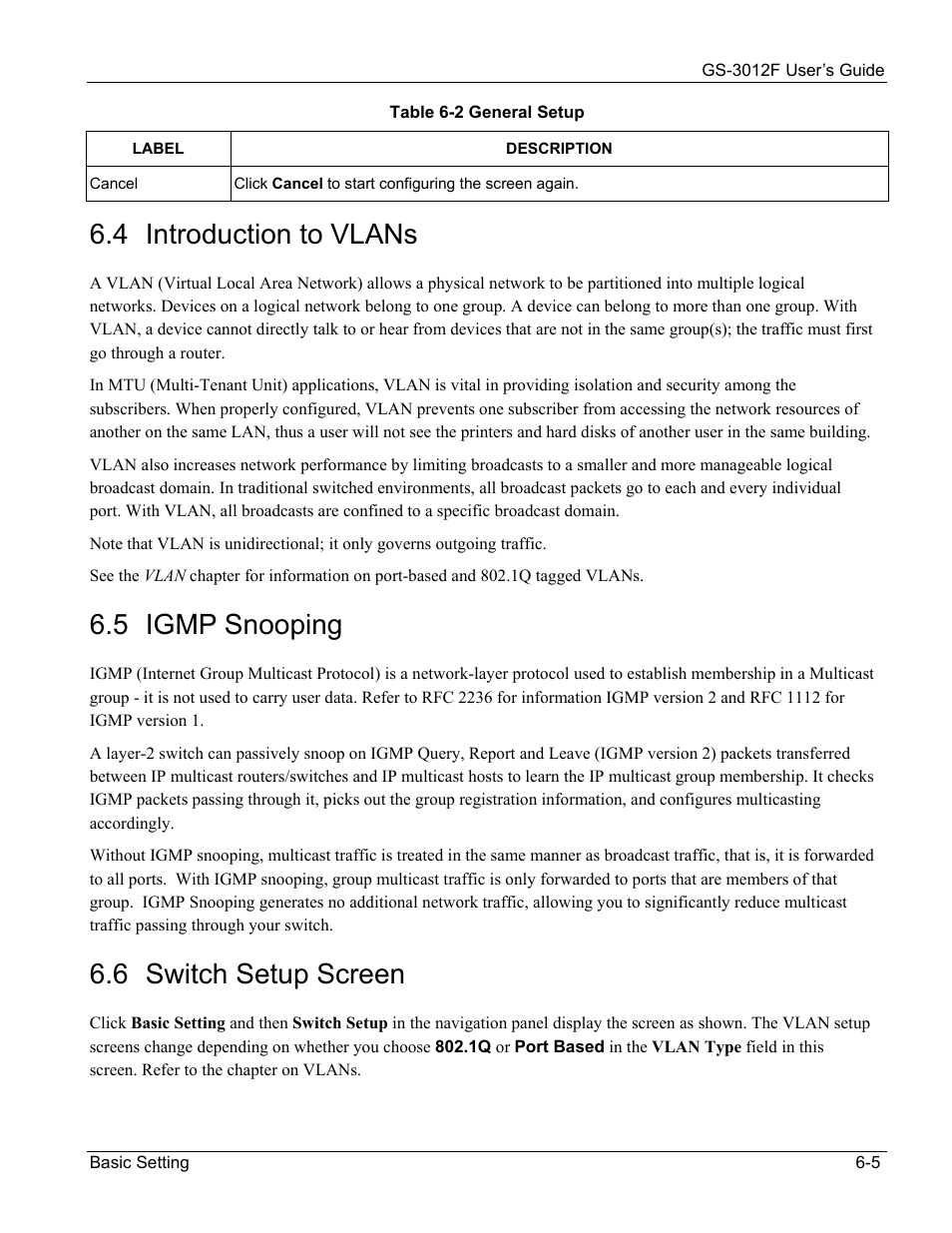 4 introduction to vlans, 5 igmp snooping, 6 switch setup screen | ZyXEL Communications ZyXEL Dimension GS-3012F User Manual | Page 67 / 237