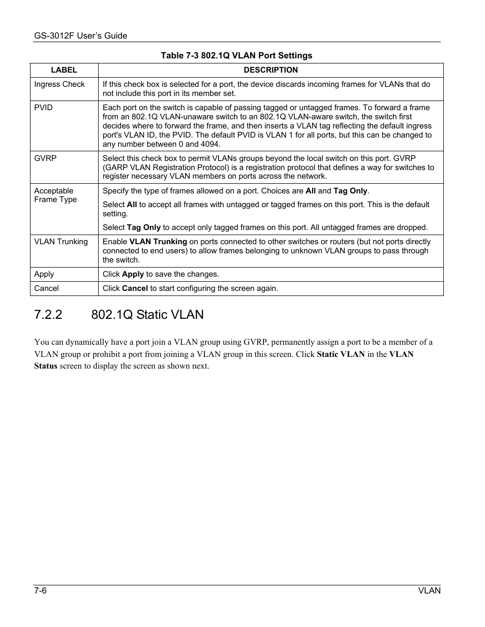 1q static vlan | ZyXEL Communications ZyXEL Dimension GS-3012F User Manual | Page 82 / 237