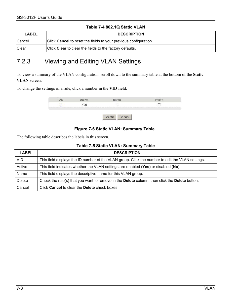 Viewing and editing vlan settings, 3 viewing and editing vlan settings | ZyXEL Communications ZyXEL Dimension GS-3012F User Manual | Page 84 / 237