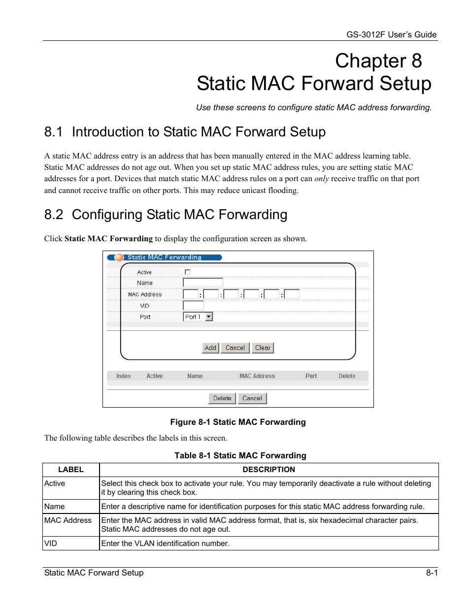 Chapter 8 static mac forward setup, 1 introduction to static mac forward setup, 2 configuring static mac forwarding | ZyXEL Communications ZyXEL Dimension GS-3012F User Manual | Page 89 / 237