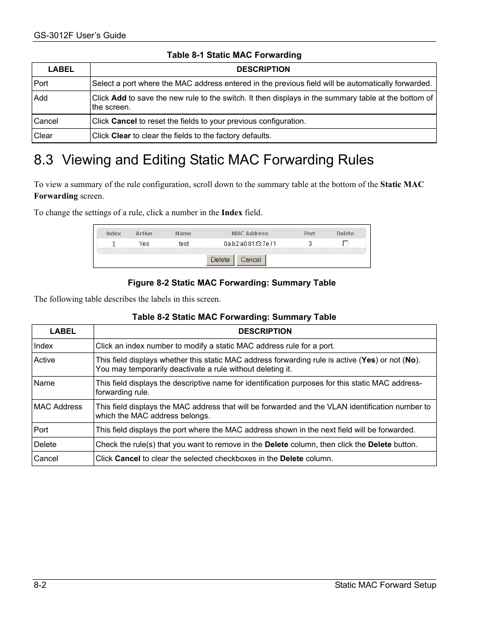3 viewing and editing static mac forwarding rules | ZyXEL Communications ZyXEL Dimension GS-3012F User Manual | Page 90 / 237