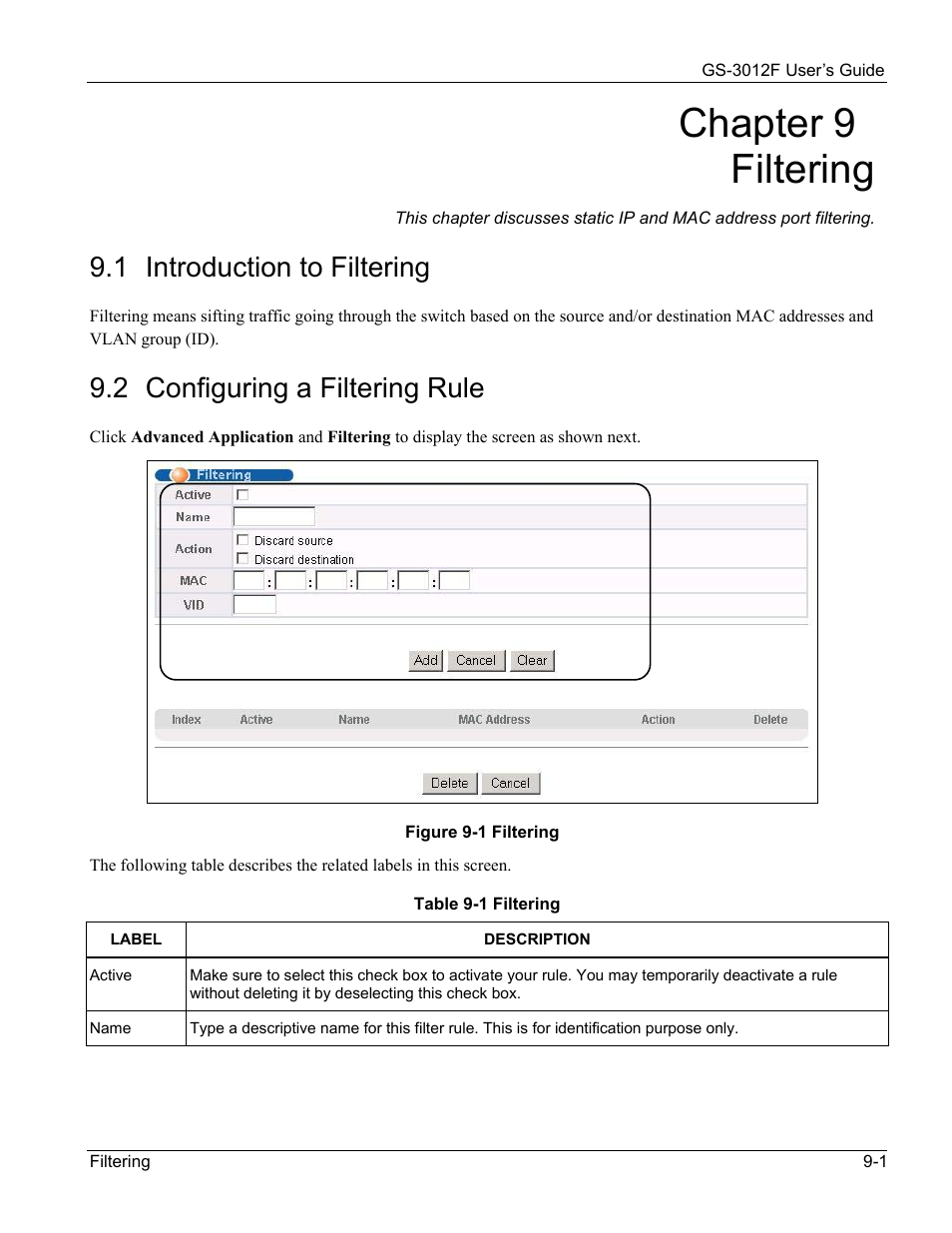 Chapter 9 filtering, 1 introduction to filtering, 2 configuring a filtering rule | ZyXEL Communications ZyXEL Dimension GS-3012F User Manual | Page 91 / 237