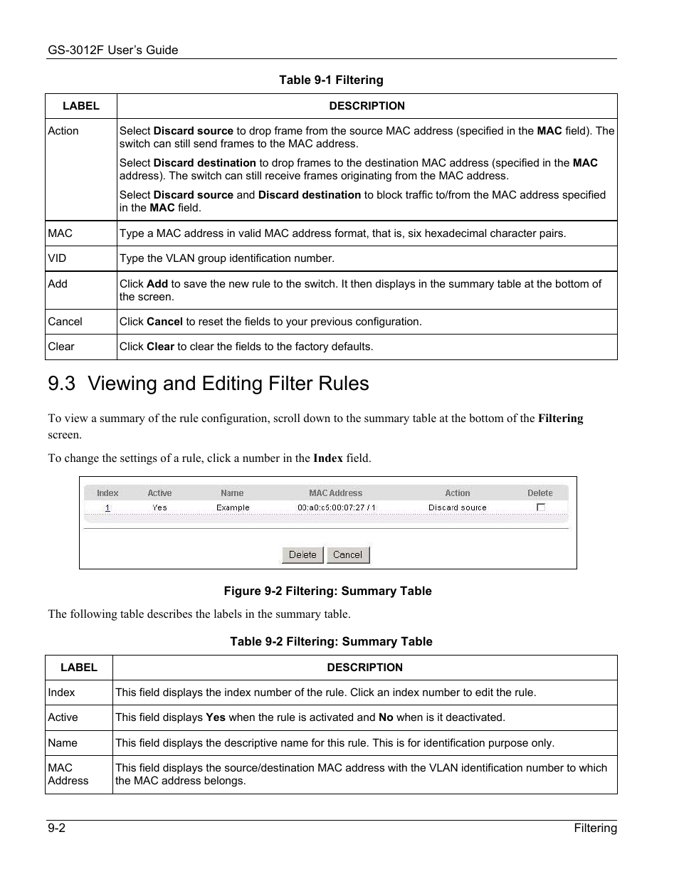 3 viewing and editing filter rules | ZyXEL Communications ZyXEL Dimension GS-3012F User Manual | Page 92 / 237