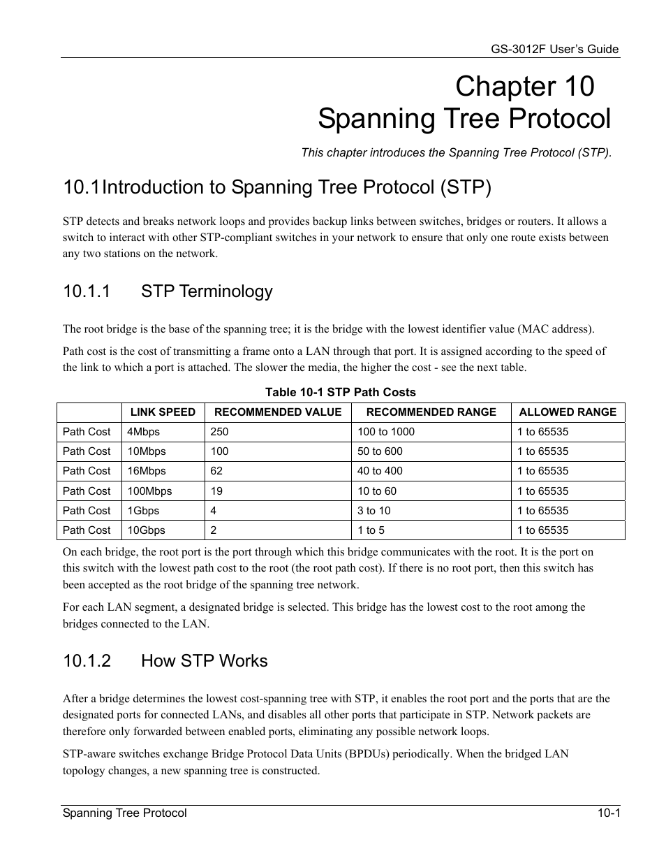 Stp terminology, How stp works, Chapter 10 spanning tree protocol | 1 introduction to spanning tree protocol (stp), 1 stp terminology, 2 how stp works | ZyXEL Communications ZyXEL Dimension GS-3012F User Manual | Page 95 / 237
