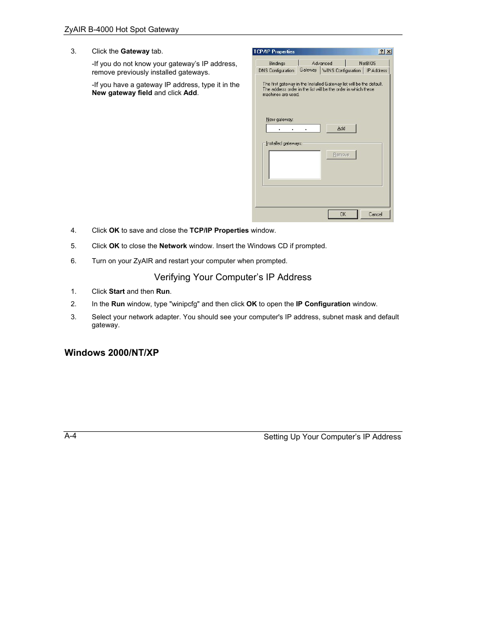 Verifying your computer’s ip address, Windows 2000/nt/xp | ZyXEL Communications ZyXEL ZyAIR B-4000 User Manual | Page 120 / 161