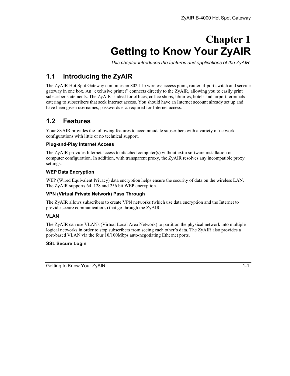 Getting to know your zyair, Introducing the zyair, Features | Chapter 1 getting to know your zyair | ZyXEL Communications ZyXEL ZyAIR B-4000 User Manual | Page 19 / 161
