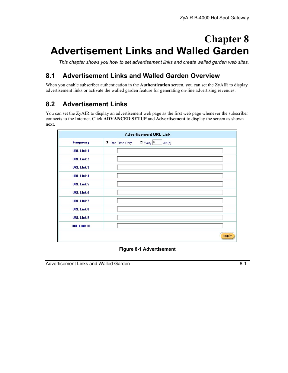 Advertisement links and walled garden, Advertisement links and walled garden overview, Advertisement links | Chapter 8 advertisement links and walled garden | ZyXEL Communications ZyXEL ZyAIR B-4000 User Manual | Page 65 / 161