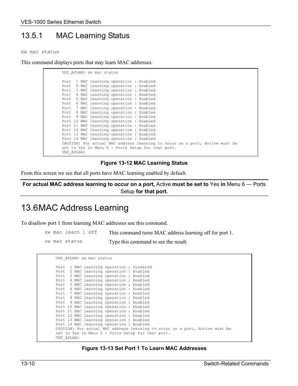 6 mac address learning, 1 mac learning status | ZyXEL Communications VES-1000 User Manual | Page 130 / 155