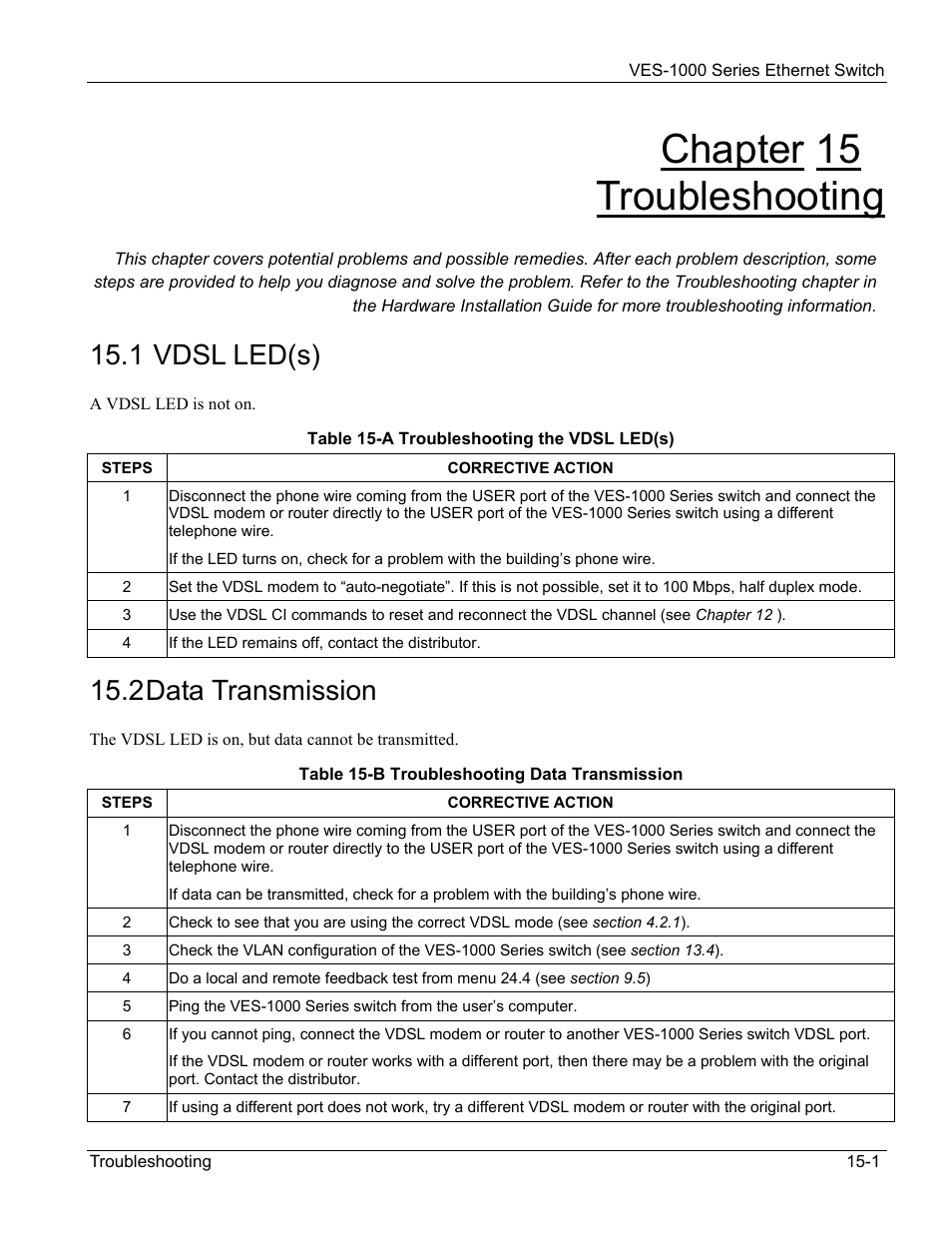 Chapter 15 troubleshooting, 1 vdsl led(s), 2 data transmission | ZyXEL Communications VES-1000 User Manual | Page 139 / 155