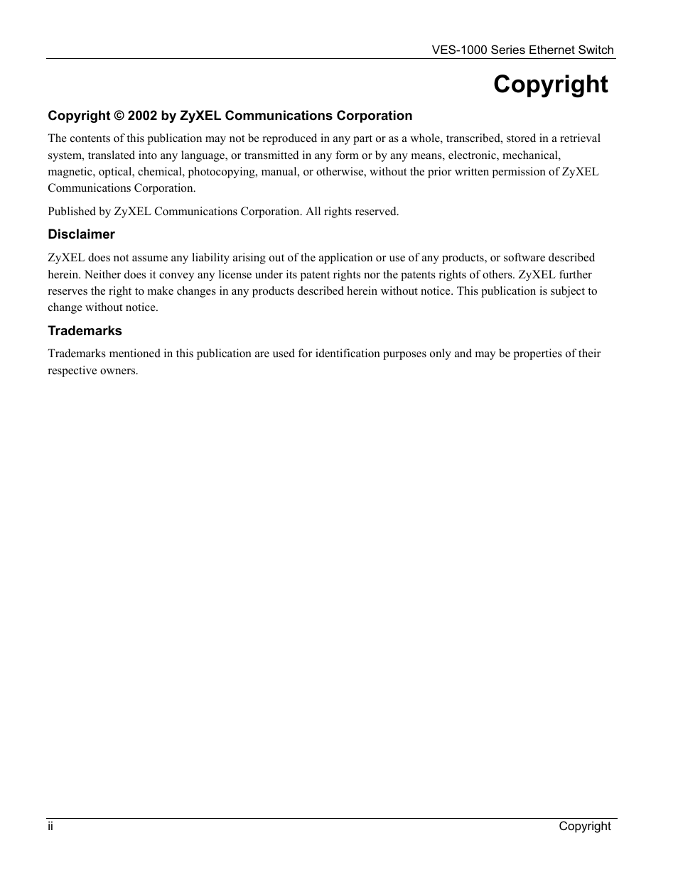 Copyright | ZyXEL Communications VES-1000 User Manual | Page 2 / 155