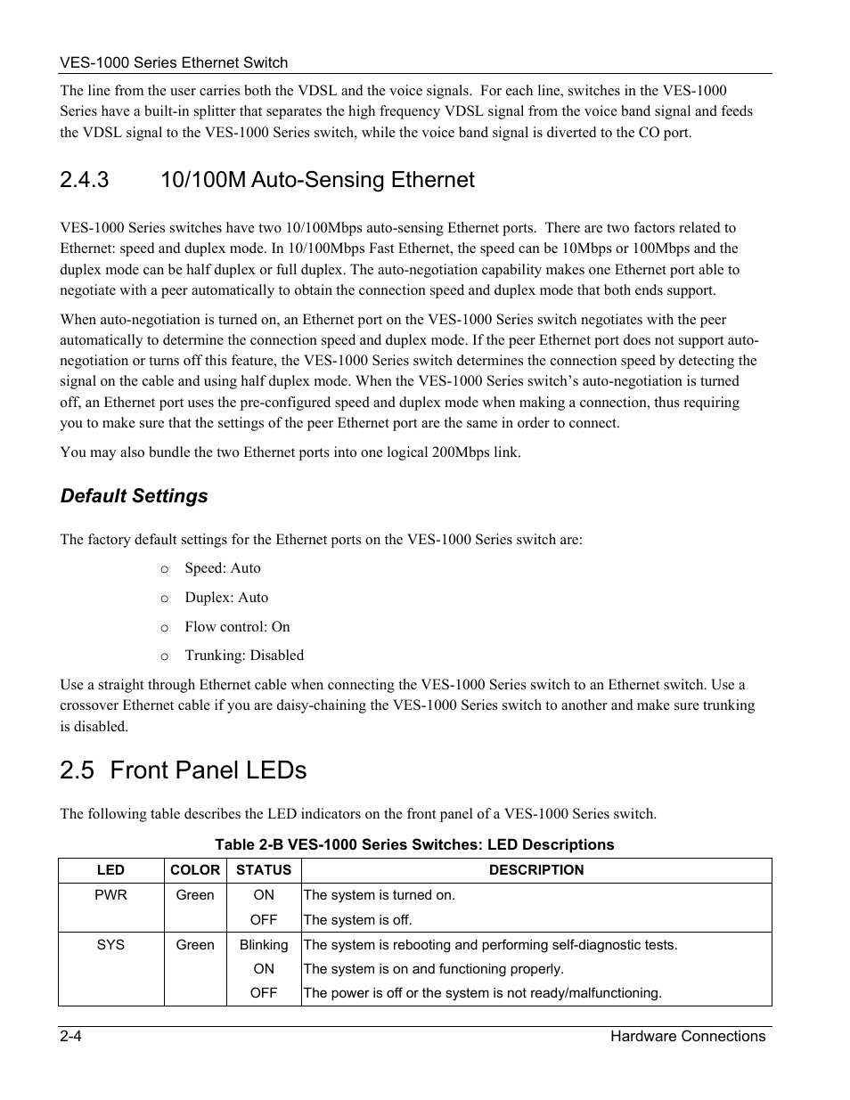5 front panel leds, Default settings | ZyXEL Communications VES-1000 User Manual | Page 30 / 155