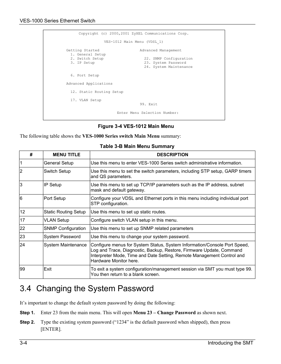 4 changing the system password | ZyXEL Communications VES-1000 User Manual | Page 36 / 155